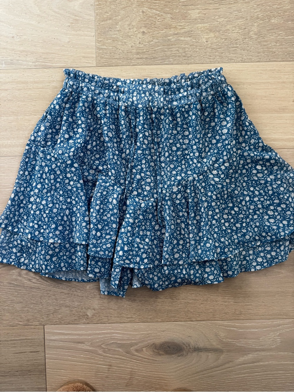 Blue Floral Tiered Elastic-Waist Skort